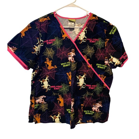 Scooby Doo Womens Size XL Scrub Top Shirt Halloween Spider Spooky Web Black Pink - Picture 1 of 4